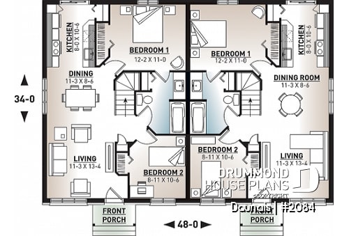 1st level - Duplex house plan with 2 bedrooms per unit, and open floor plan concept, unfinished basement - Daunais
