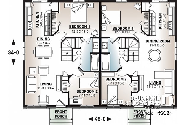 1st level - Duplex house plan with 2 bedrooms per unit, and open floor plan concept, unfinished basement - Daunais