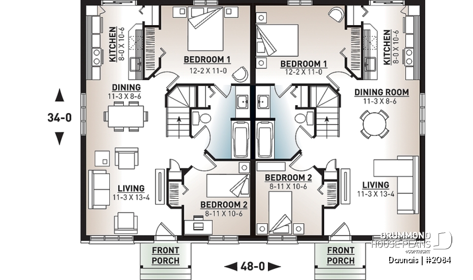 1st level - Duplex house plan with 2 bedrooms per unit, and open floor plan concept, unfinished basement - Daunais