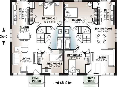 1st level - Duplex house plan with 2 bedrooms per unit, and open floor plan concept, unfinished basement - Daunais