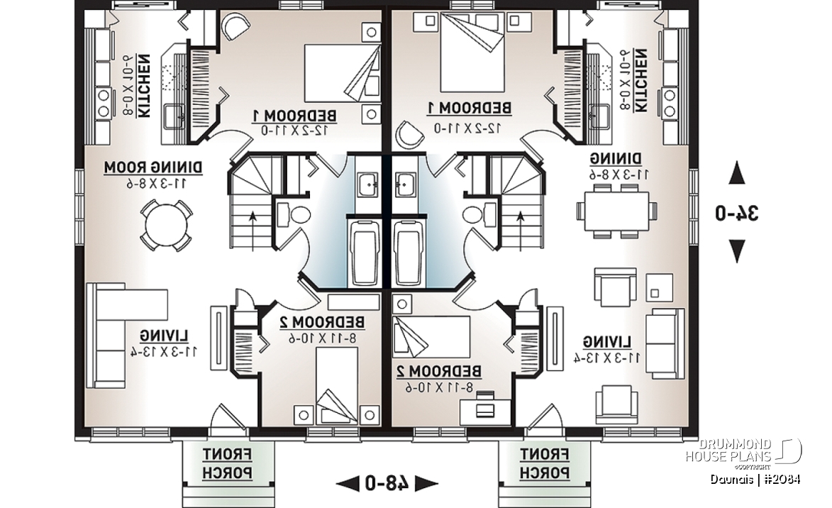 1st level - Duplex house plan with 2 bedrooms per unit, and open floor plan concept, unfinished basement - Daunais