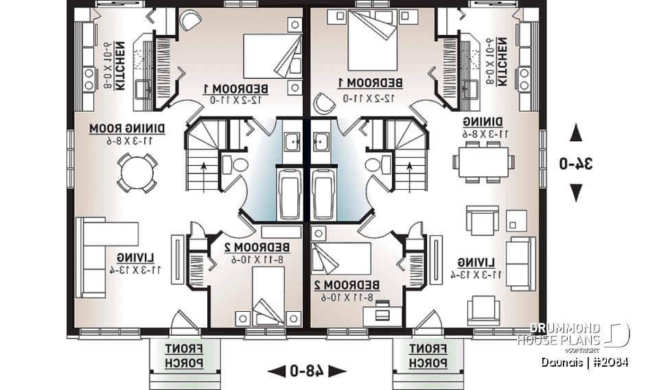 1st level - Duplex house plan with 2 bedrooms per unit, and open floor plan concept, unfinished basement - Daunais