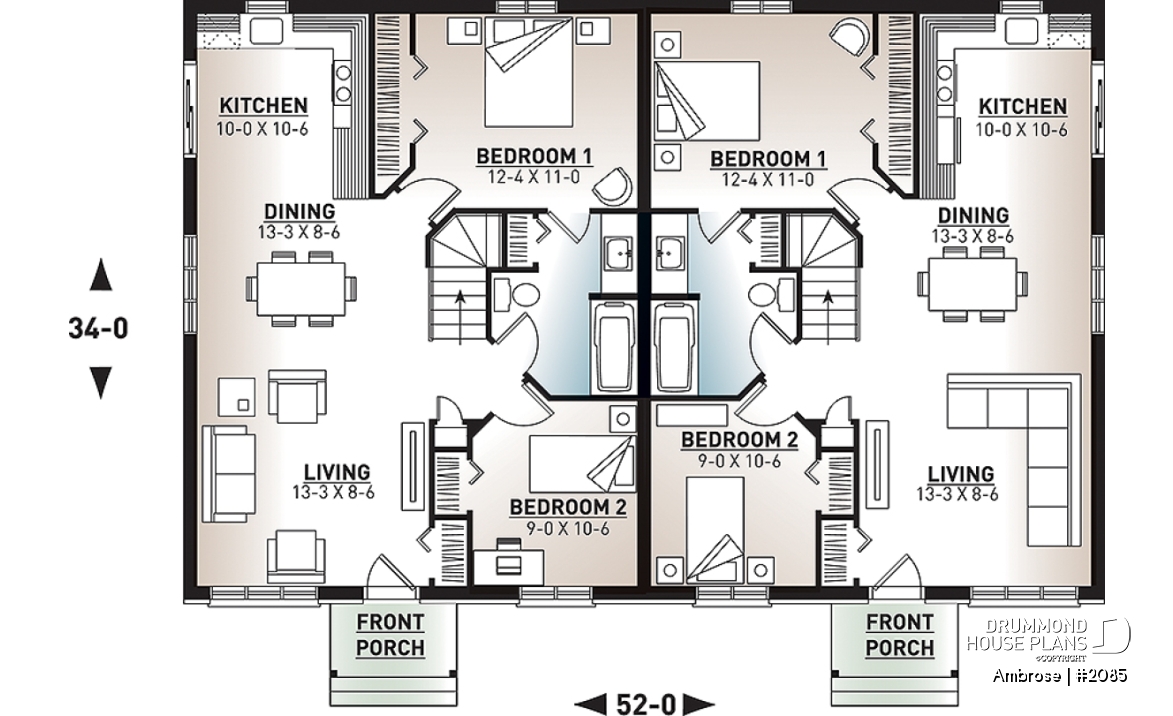1st level - Semi-detached house plans with 2 bedroom per unit, lots of natural light - Ambrose