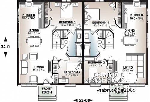 1st level - Semi-detached house plans with 2 bedroom per unit, lots of natural light - Ambrose