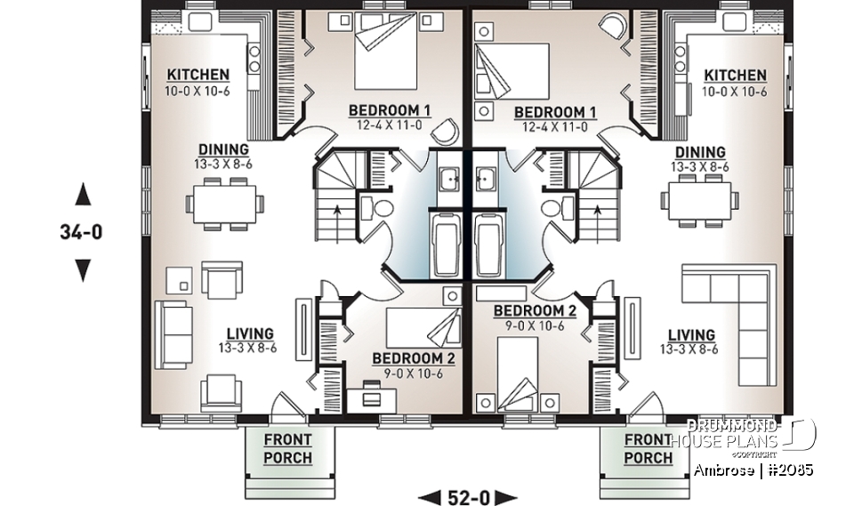 1st level - Semi-detached house plans with 2 bedroom per unit, lots of natural light - Ambrose