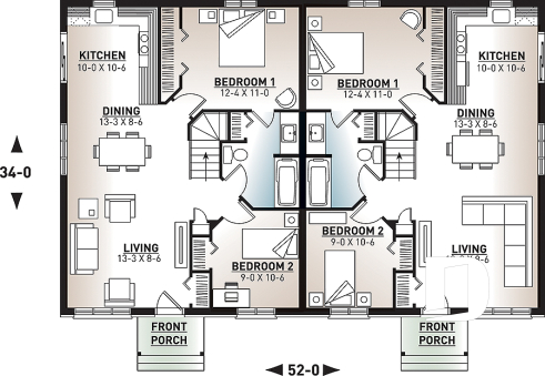 1st level - Semi-detached house plans with 2 bedroom per unit, lots of natural light - Ambrose