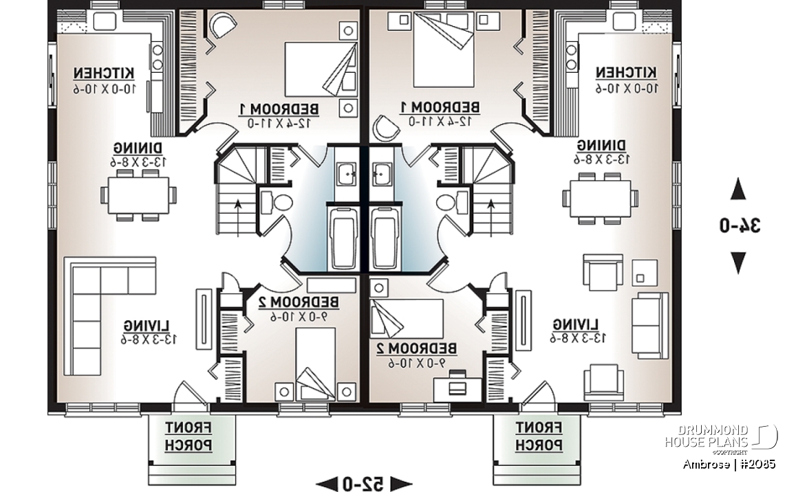 1st level - Semi-detached house plans with 2 bedroom per unit, lots of natural light - Ambrose