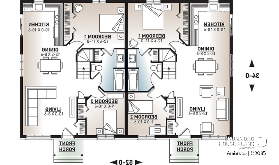 1st level - Semi-detached house plans with 2 bedroom per unit, lots of natural light - Ambrose