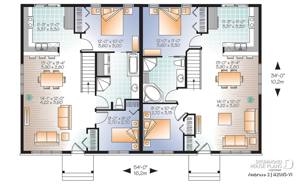 1st level - 2 bedroom Country style semi-detached house plan with 2 bathroom options - Ambrose 2