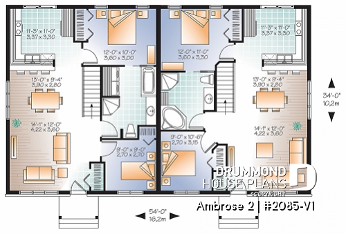 1st level - 2 bedroom Country style semi-detached house plan with 2 bathroom options - Ambrose 2