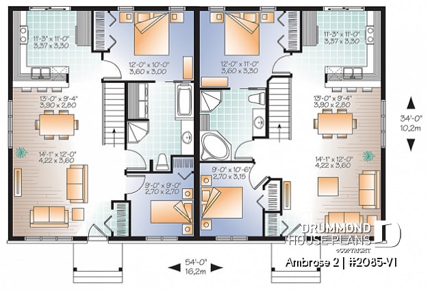 1st level - 2 bedroom Country style semi-detached house plan with 2 bathroom options - Ambrose 2