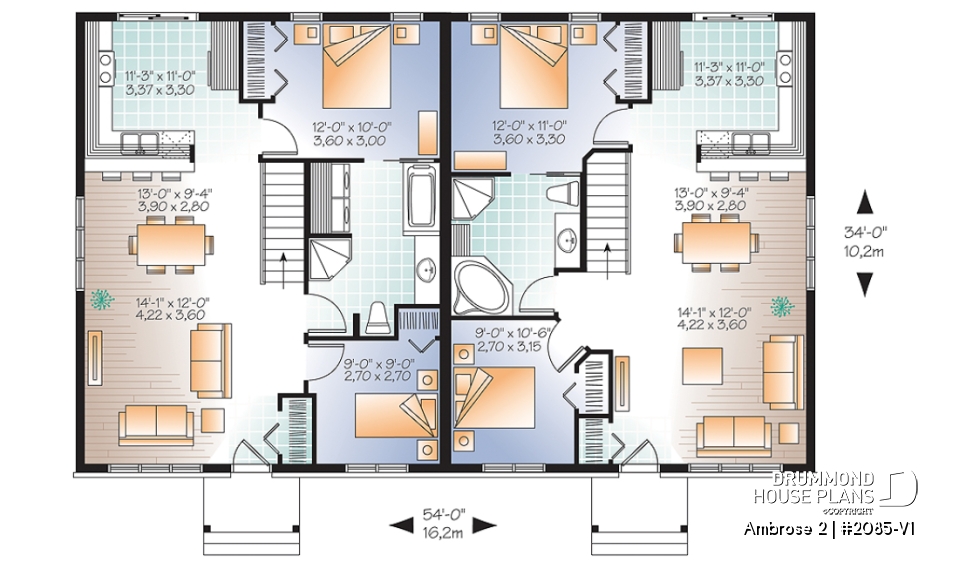 1st level - 2 bedroom Country style semi-detached house plan with 2 bathroom options - Ambrose 2
