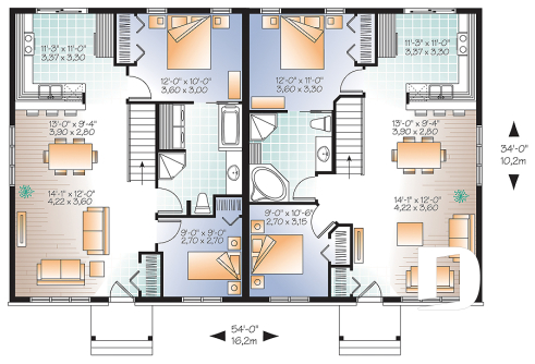 1st level - 2 bedroom Country style semi-detached house plan with 2 bathroom options - Ambrose 2