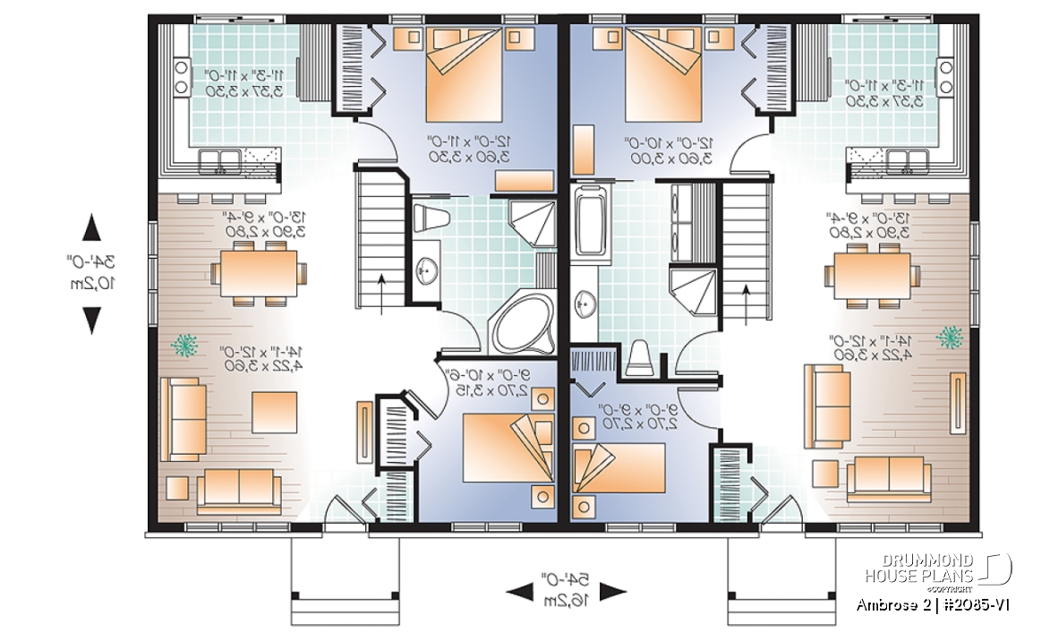 1st level - 2 bedroom Country style semi-detached house plan with 2 bathroom options - Ambrose 2