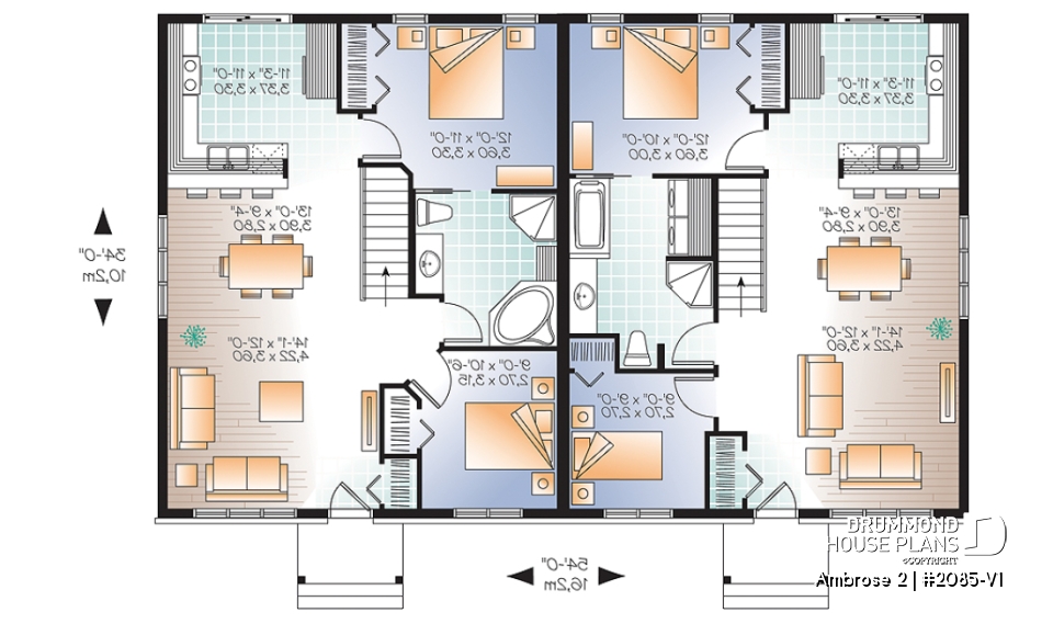 1st level - 2 bedroom Country style semi-detached house plan with 2 bathroom options - Ambrose 2