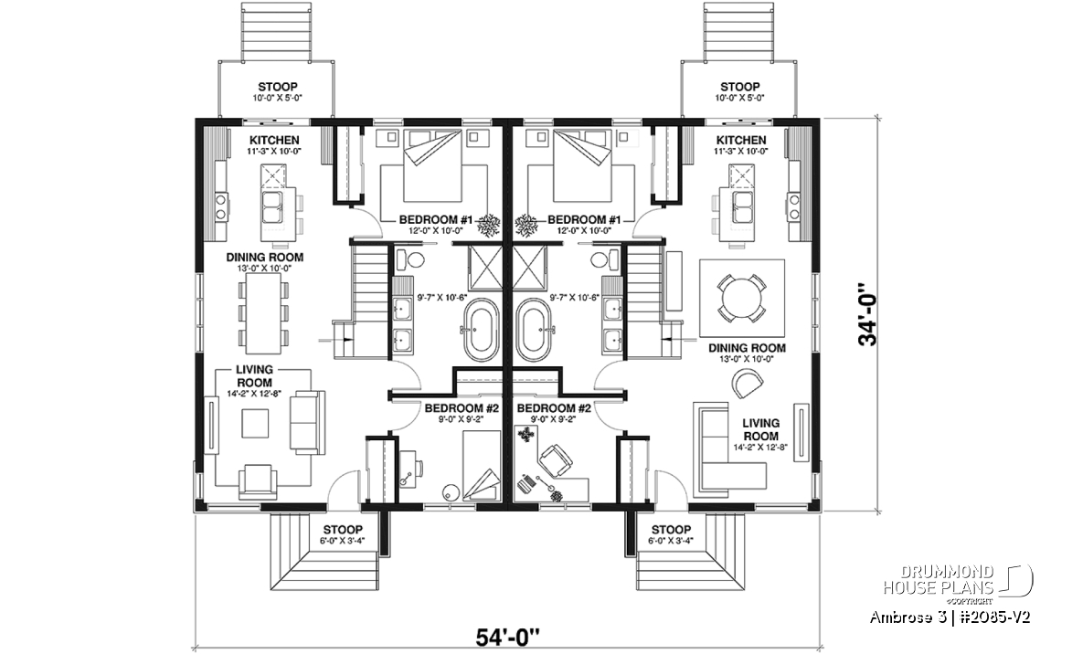 1st level - Modern mid-century style semi-detached home plan with 2 bedrooms, kitchen island, unfinished basement - Ambrose 3