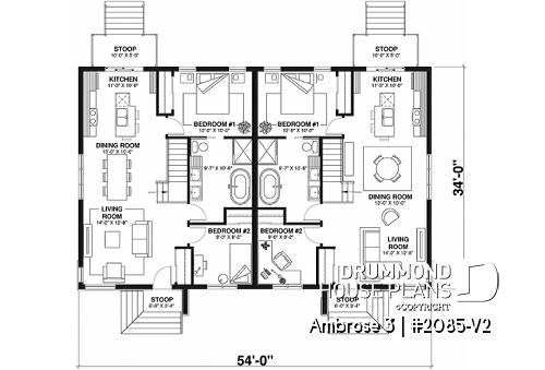 1st level - Modern mid-century style semi-detached home plan with 2 bedrooms, kitchen island, unfinished basement - Ambrose 3