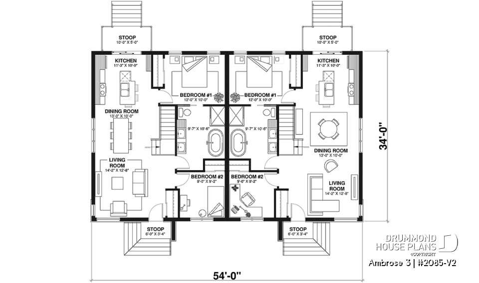 1st level - Modern mid-century style semi-detached home plan with 2 bedrooms, kitchen island, unfinished basement - Ambrose 3