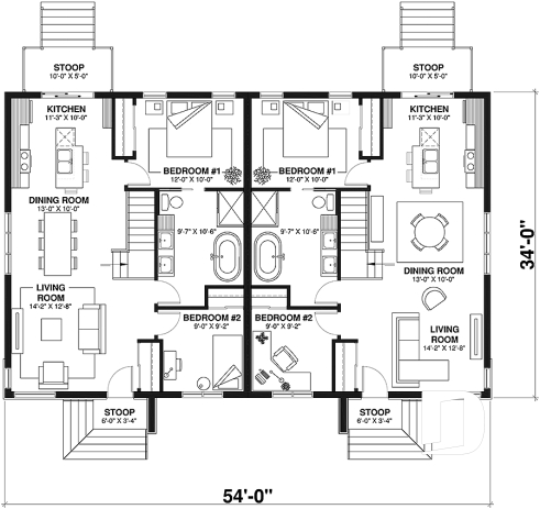 1st level - Modern mid-century style semi-detached home plan with 2 bedrooms, kitchen island, unfinished basement - Ambrose 3