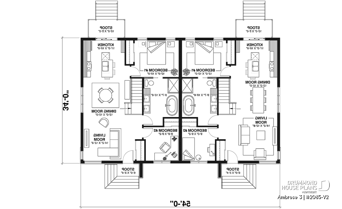 1st level - Modern mid-century style semi-detached home plan with 2 bedrooms, kitchen island, unfinished basement - Ambrose 3