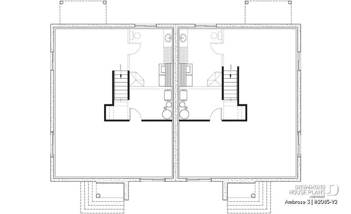 Basement - Modern mid-century style semi-detached home plan with 2 bedrooms, kitchen island, unfinished basement - Ambrose 3