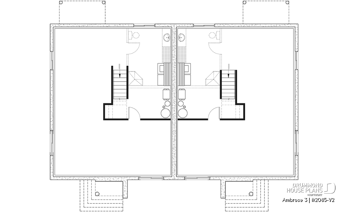 Basement - Modern mid-century style semi-detached home plan with 2 bedrooms, kitchen island, unfinished basement - Ambrose 3