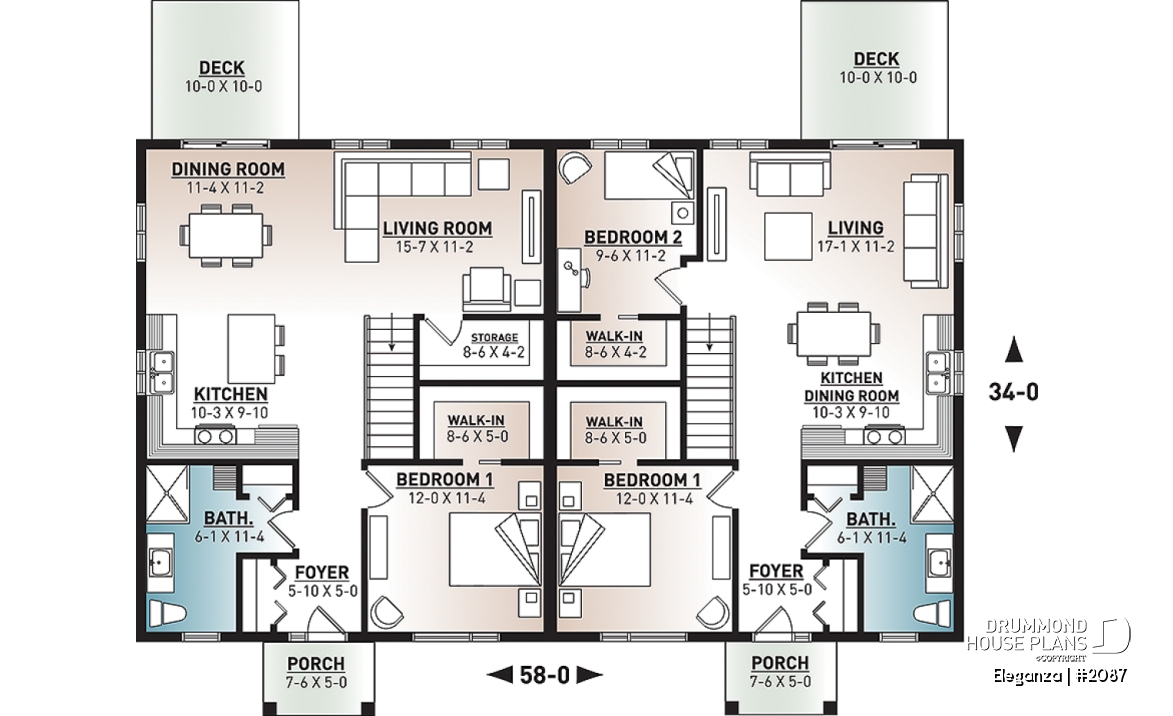 1st level - Economical modern semi-detached house plan, 1 to 3 bedrooms, amazing open layont floor plan - Eleganza