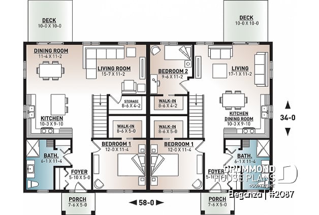 1st level - Economical modern semi-detached house plan, 1 to 3 bedrooms, amazing open layont floor plan - Eleganza