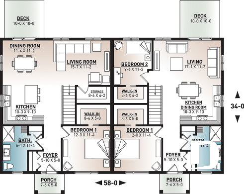 1st level - Economical modern semi-detached house plan, 1 to 3 bedrooms, amazing open layont floor plan - Eleganza