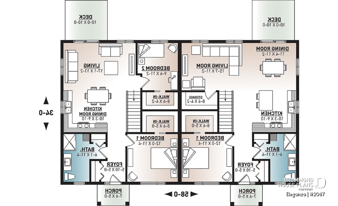 1st level - Economical modern semi-detached house plan, 1 to 3 bedrooms, amazing open layont floor plan - Eleganza