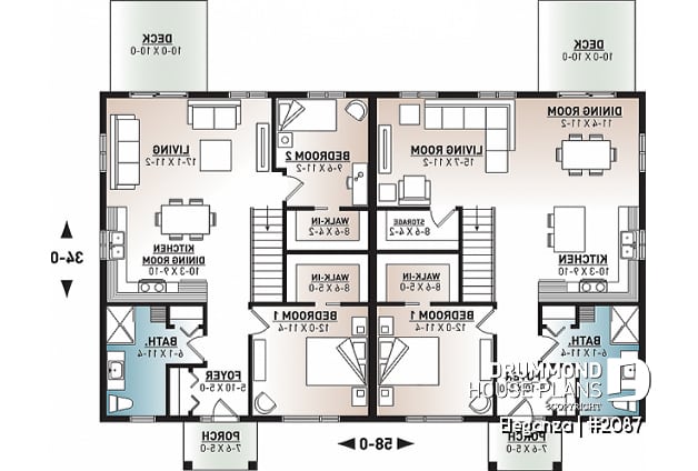 1st level - Economical modern semi-detached house plan, 1 to 3 bedrooms, amazing open layont floor plan - Eleganza
