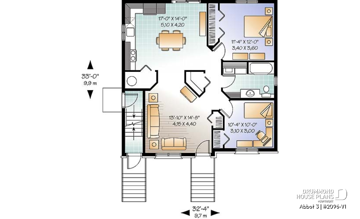 1st level - Economical 2 bedroom Modern style triplex house plan with great open floor plan layout  - Abbot 3