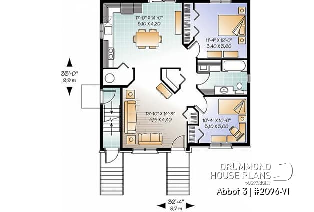 1st level - Economical 2 bedroom Modern style triplex house plan with great open floor plan layout  - Abbot 3