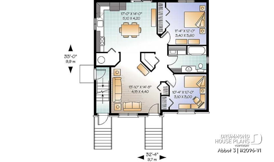 1st level - Economical 2 bedroom Modern style triplex house plan with great open floor plan layout  - Abbot 3
