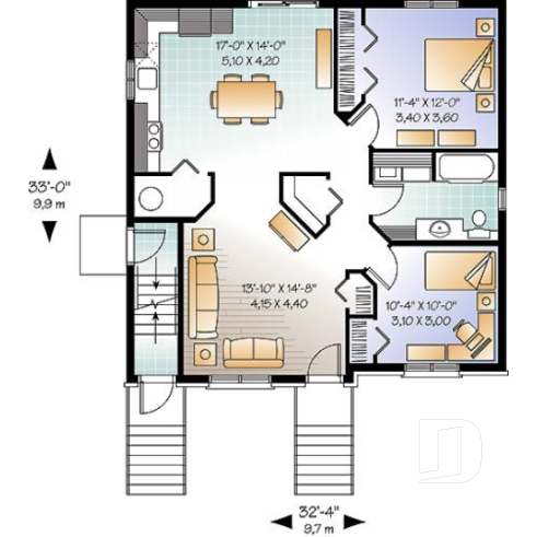 1st level - Economical 2 bedroom Modern style triplex house plan with great open floor plan layout  - Abbot 3