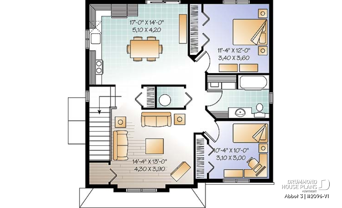 2nd level - Economical 2 bedroom Modern style triplex house plan with great open floor plan layout  - Abbot 3