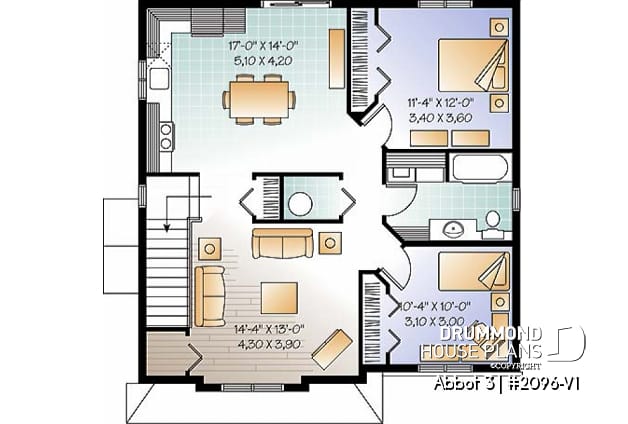 2nd level - Economical 2 bedroom Modern style triplex house plan with great open floor plan layout  - Abbot 3