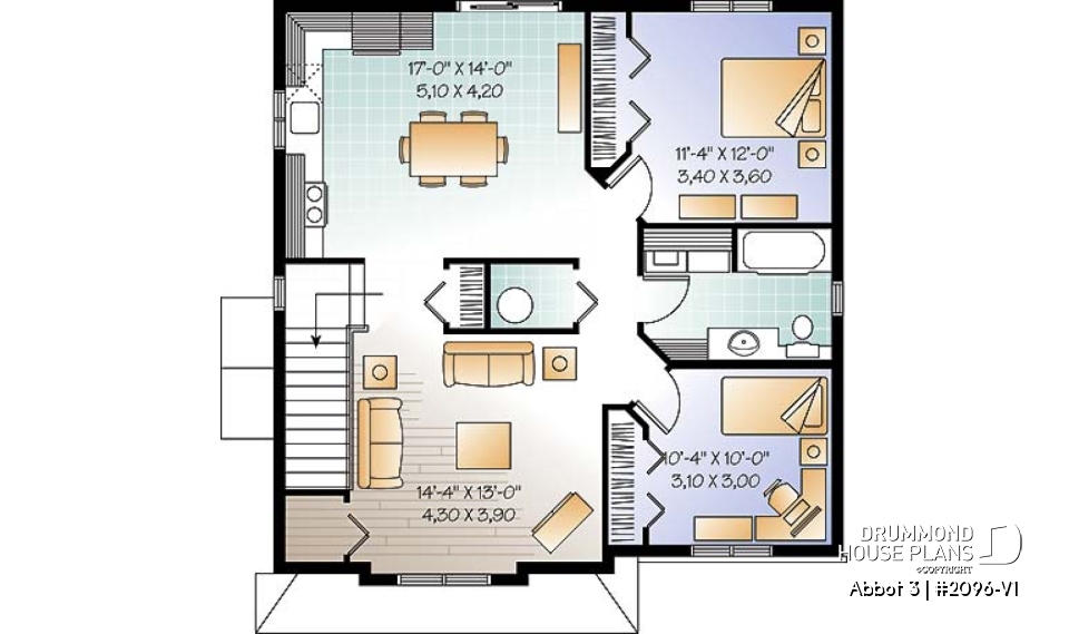 2nd level - Economical 2 bedroom Modern style triplex house plan with great open floor plan layout  - Abbot 3