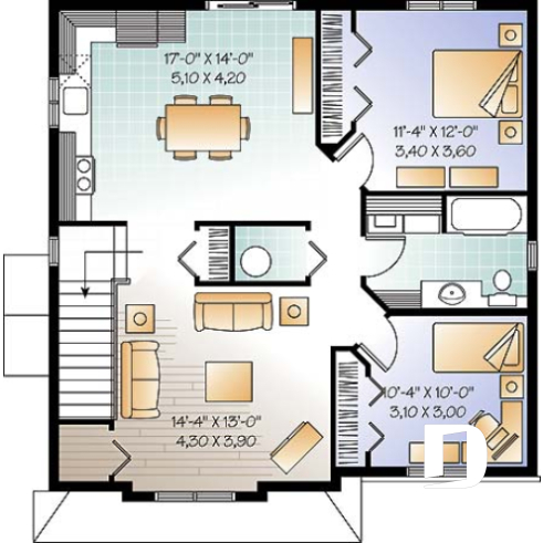 2nd level - Economical 2 bedroom Modern style triplex house plan with great open floor plan layout  - Abbot 3