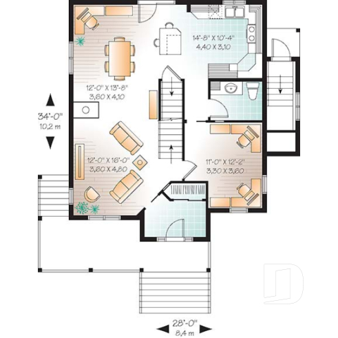 1st level - Basement apartment country home plan with 3 to 4 bedrooms on main unit, and great open floor plan concept - The Madelaine 2 