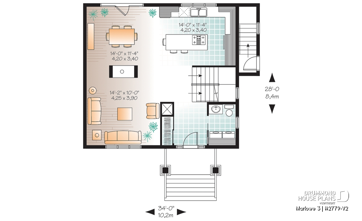 1st level - 3 bedroom house plan with basement apartment, laundry room on main floor, fireplace - Marlowe 3