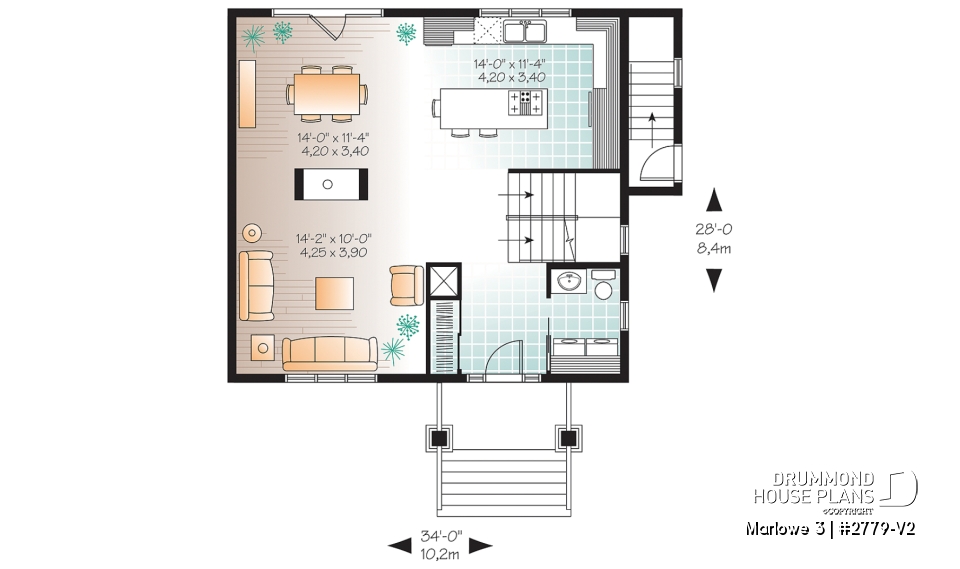 1st level - 3 bedroom house plan with basement apartment, laundry room on main floor, fireplace - Marlowe 3