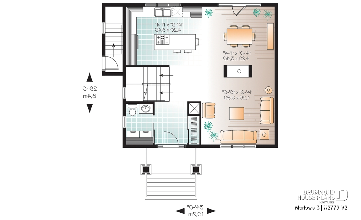 1st level - 3 bedroom house plan with basement apartment, laundry room on main floor, fireplace - Marlowe 3
