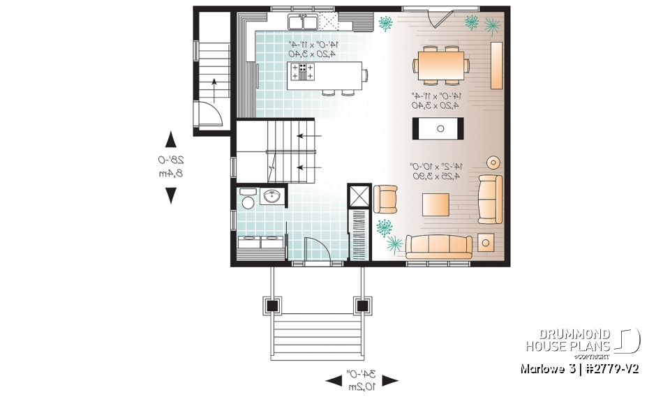1st level - 3 bedroom house plan with basement apartment, laundry room on main floor, fireplace - Marlowe 3