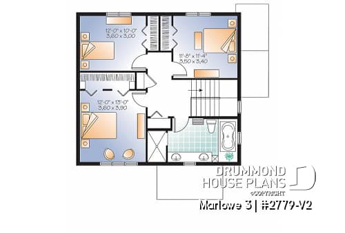 2nd level - 3 bedroom house plan with basement apartment, laundry room on main floor, fireplace - Marlowe 3