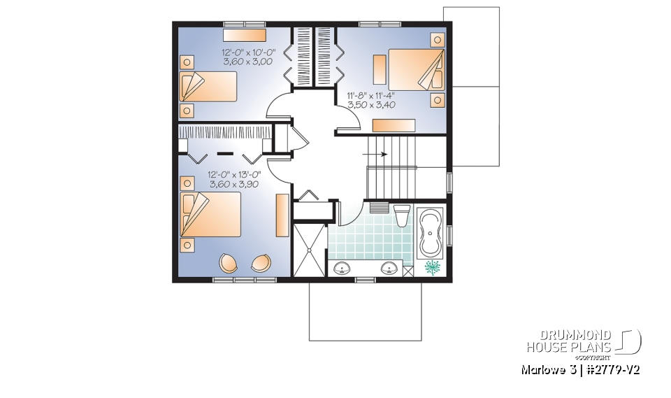 2nd level - 3 bedroom house plan with basement apartment, laundry room on main floor, fireplace - Marlowe 3