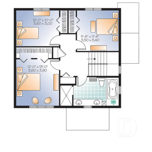 2nd level - 3 bedroom house plan with basement apartment, laundry room on main floor, fireplace - Marlowe 3