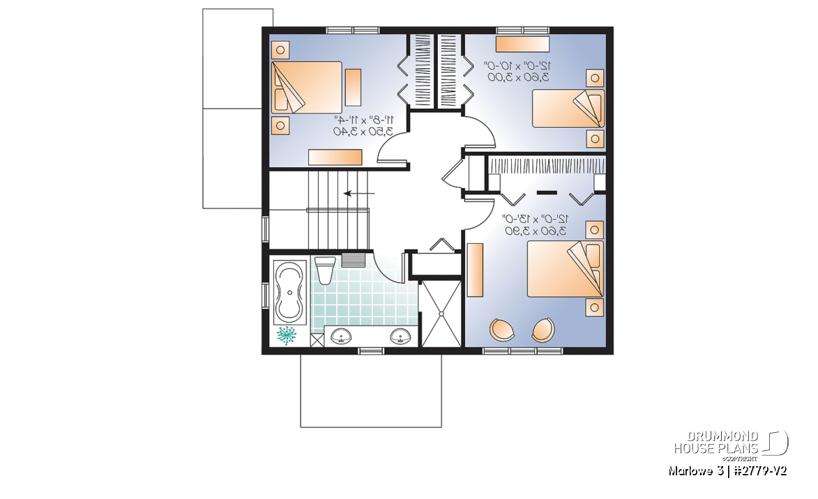 2nd level - 3 bedroom house plan with basement apartment, laundry room on main floor, fireplace - Marlowe 3