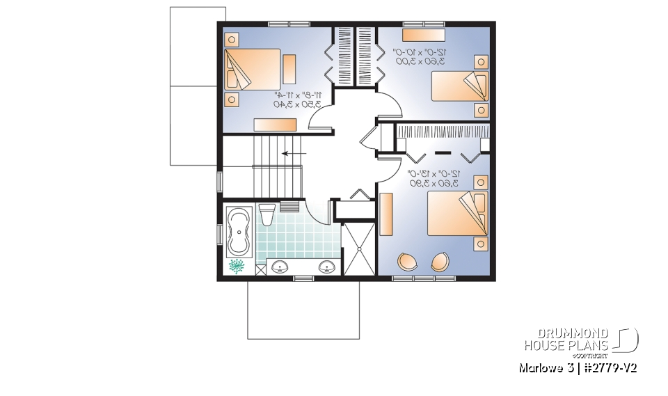 2nd level - 3 bedroom house plan with basement apartment, laundry room on main floor, fireplace - Marlowe 3
