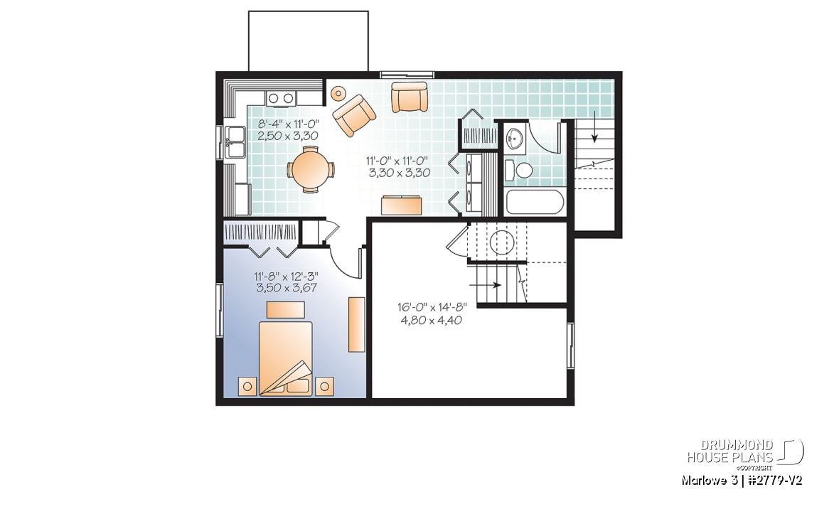 Basement - 3 bedroom house plan with basement apartment, laundry room on main floor, fireplace - Marlowe 3